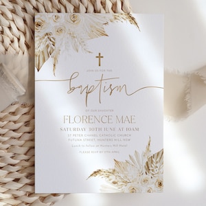 Boho Baptism Invitation, Girls Christening Invitation Template, Boho Floral Christening Invitation, Printable Baptismal Invite, Neutral Gold