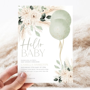 Sage Green Baby Shower Invitation, Gender Neutral Baby Shower, Greenery Floral Invitation Printable Template, Sage Balloons Baby Shower