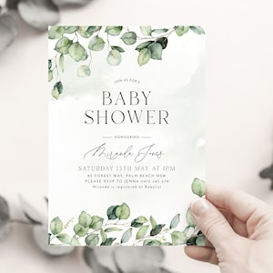 Greenery Baby Shower Invitation, Eucalyptus Invitation Template, Gender Neutral Baby Shower, Baby Boy, Printable, Watercolor Leaves, Phone