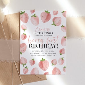 Berry First Birthday Invitation, Strawberry Birthday Invitation, Strawberry Birthday Evite, 1st Birthday Girl, Berry Sweet First Birthday