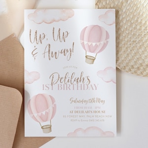 Hot Air Balloon 1st Birthday Invitation, Up Up and Away Invitation 1st Birthday Girl, Printable Invite Pink Hot Air Balloon Adventure Awaits