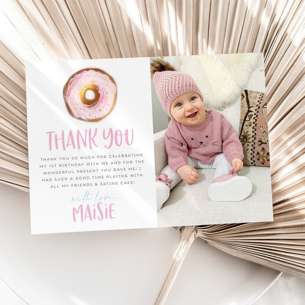 Donut Thank You Card Template, Printable Thank You Card, Birthday Thank You Card Editable Template, Donut First Birthday Thank You Card Pink