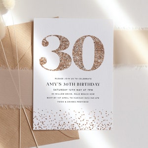 Faire-part 30e anniversaire, modèle d&#39;invitation rose, paillettes d&#39;or rose, 30, 30, fête d&#39;anniversaire 30e anniversaire modifiable, invitation en or Rose rose