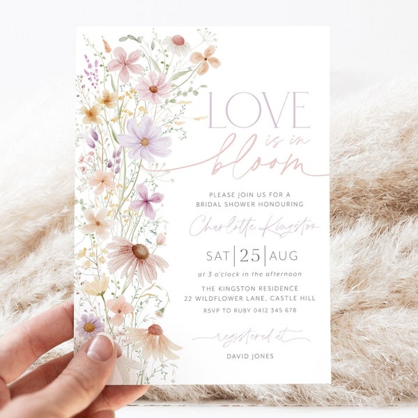 Love in Bloom Bridal Shower Invitation, Wildflower Invitation, Floral Bridal Shower, Bridal Brunch Invitation, Modern Bridal Invite, Pink