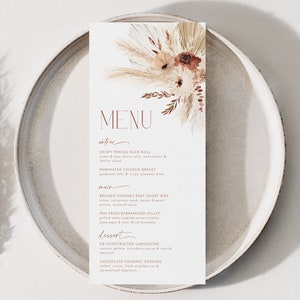 Boho Menu Template, Printable Bridal Shower Menu, Boho Floral Menu, Editable Menu, Boho Bridal Shower Menu Template, Floral Boho Pampas Menu