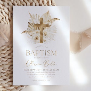 Invitación de bautismo boho, plantilla de invitación de bautizo de niñas, invitación de bautizo floral boho, invitación bautismal imprimible, oro neutro