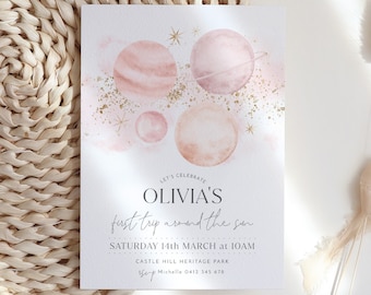 First Trip Around The Sun Birthday Invitation Template, Girls First Birthday Space Invitation, Sun Invitation, Printable 1st Birthday Space