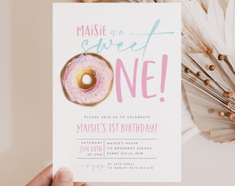 Donut First Birthday Invitation, 1st Birthday Invitation Girl, Donut Invitation, Donut Birthday, Sweet One Birthday, Girls First Birthday