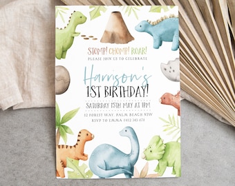 Dinosaur 1st Birthday Invitation Template, Dinosaur First Birthday, Dinosaur Birthday, Printable Birthday Invitation, 1st Birthday Boy Dino