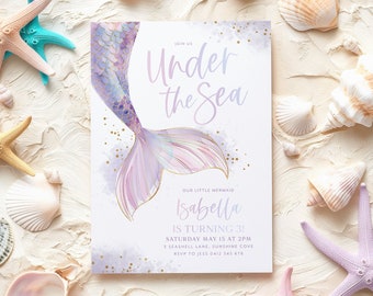 Mermaid Birthday Invitation, Mermaid 3rd Birthday Girl, Under the Sea Editable Template, Mermaid Party Purple Blue Invite 4th 5th 6th 7th