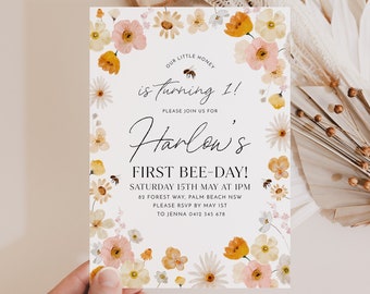 Bee Birthday Invitation, Bee 1st Birthday Invite, 1st Bee Day Invitation, Bumble Bee Birthday, Honey Bee Invitation, 1st Birthday Girl Bee