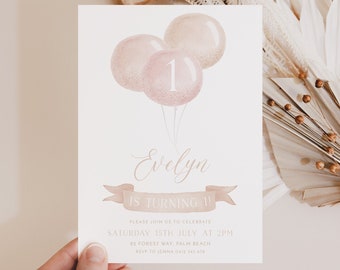 Birthday Party Invite Editable Birthday Invite First Birthday Invite Pink Balloon Invite Balloon Party Invite Editable Party Invitation