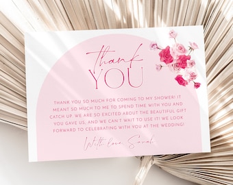 Pink Floral Thank You Card Template, Printable Thank You Card Instant Download Thank You Card, Bridal Shower Thank You, Pink Thank You Card