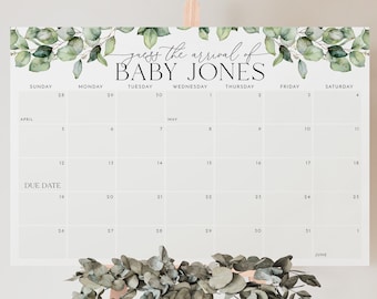 Baby Shower Due Date Calendar, Greenery Baby Birth Date Sign, Guess the Arrival Date Sign, Due Date Sign, Editable Printable Baby Shower