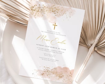 Christening Invitation Girl, Baptism Invitation Template, Pink Watercolour, Blush Pink Gold, Printable Invitation Editable, Pink Christening
