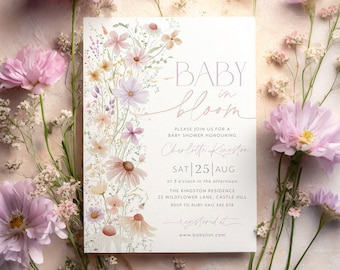 Baby in Bloom Invitation, Wildflowers Baby Shower Invitation, Purple Pink Flower Invitation, Wild Flower Invite, Floral Baby Brunch Invite