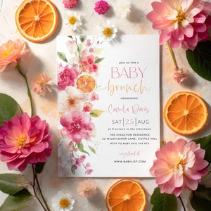 Citrus Baby Brunch Invitation, Citrus Oranges Baby Shower Invite, Bright Citrus Baby Brunch Invite, Pink Floral Citrus Baby Shower Invite