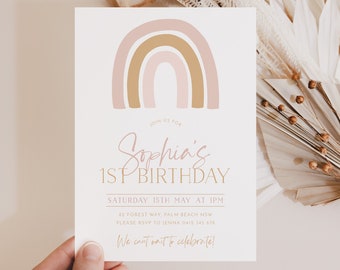 Boho Rainbow 1st Birthday Invitation Girl, First Birthday Invitation, Rainbow Invitation Birthday Evite, 1st Birthday Girl, Digital Invite