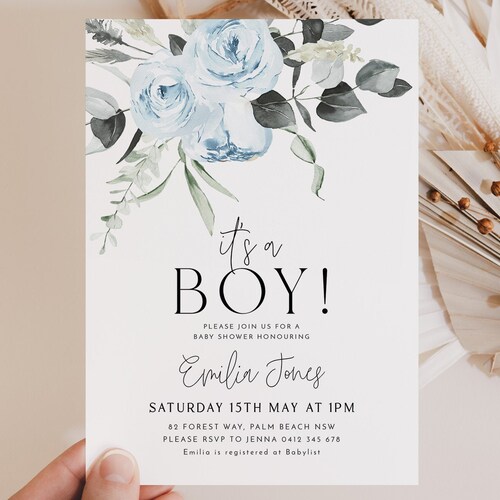 Boy Baby Shower Invitation Blue Floral Baby Shower Invite Etsy