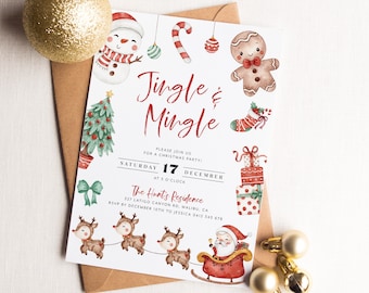 May include: A Christmas party invitation featuring a watercolour illustration of a snowman, gingerbread man, reindeer, Santa Claus, and presents. The text reads "Jingle & Mingle" and includes the date and time of the party, the location, and RSVP information.