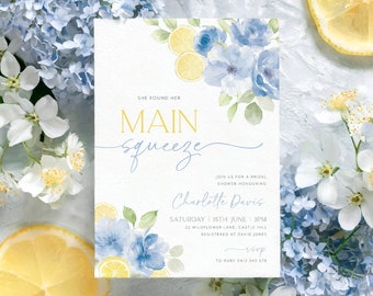 Main Squeeze Bridal Shower Invitation, Lemon Bridal Shower, Citrus Bridal Shower Invitation, Blue Mediterranean Lemon Theme, Blue Lemons