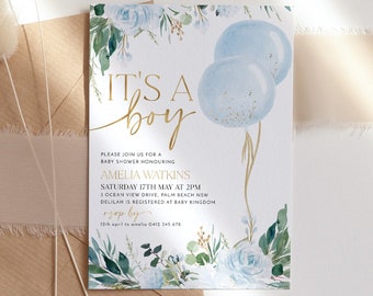 Boy Baby Shower Invitation, Blue Floral Baby Shower Invite, Dusty Blue Flowers Baby Shower Invitation, It's A Boy Baby Shower, Phone Invite