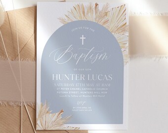 Blue Boys Christening Invitation, Boho Baptism Invitation Template, Printable Christening, Baptismal Invite Blue Boho Baptism Boys Invite