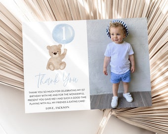 Bear Thank You Card Template, Printable Thank You Card, Thank You Card Editable, Blue Bear Thank You Card, Beary 1st Birthday Thank You Card