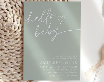 Sage Baby Shower Invitation, Hello Baby Minimalist Gender Neutral Baby Shower Invitation Template, Baby Brunch, Baby Sprinkle, Modern Green