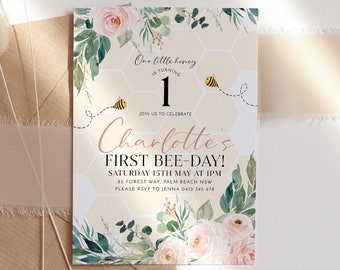First Bee Day Invitation, Bee Birthday Invitation Pink, Bee 1st Birthday Invite, Bumble Bee Birthday, Honey Bee Invitation 1st Birthday Girl