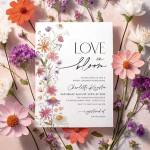 Love in Bloom Bridal Shower Invitation, Wildflower Invitation, Floral Bridal Shower, Bridal Brunch Invitation, Modern Bridal Invite, Pink