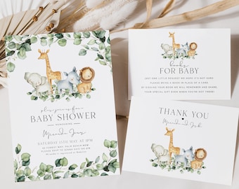 May include: A baby shower invitation with a jungle theme. The invitation features a giraffe, elephant, rhino, and lion surrounded by green leaves. The text on the invitation reads "Please join us for a Baby Shower honoring Miranda Jones. Saturday 15th May at 1pm. 85 Forest Way, Palm Beach NSW. Please RSVP to Jenna on 0412 345 678. Miranda is registered at Babylove."