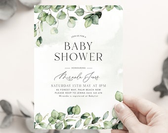 Faire-part de baby shower verdure, modèle d'invitation d'eucalyptus, baby shower sans distinction de sexe, bébé garçon, imprimable, feuilles aquarelles, téléphone