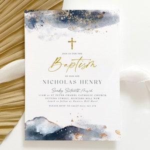 Baptism Boy Invitation, Christening Invitation Template, Navy And Gold Printable Invitation, Navy Blue Watercolour Invitation, Baptismal