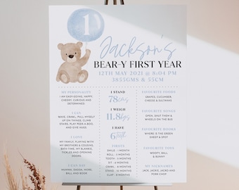 Beary First Birthday Milestone Sign, Bear 1st Birthday Milestone Board, Baby First Birthday, Milestone Sign 1st Birthday Bear Balloons Blue