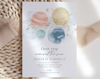 First Trip Around The Sun Birthday Invitation Template, First Birthday Space Invitation, Sun Invitation, Printable 1st Birthday Invitation