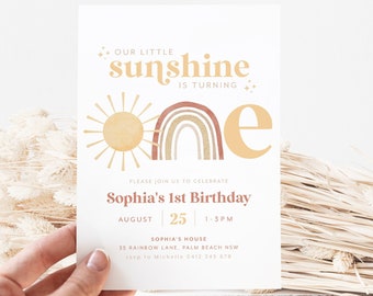 Little Sunshine Birthday Invitation, Sun Invitation, Sunshine 1st Birthday Invitation, 1st Birthday Girl, Boho Sunshine, Rainbow Invitation