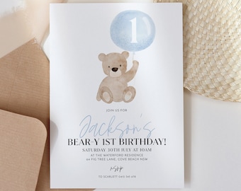 Bear Birthday Invitation, Bear-y First Birthday, Bear Balloons Invitation, 1st Birthday Boy, Teddy Bear Invitation, Printable Birthday Blue