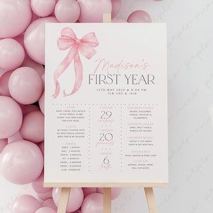 Pink Bow Birthday Milestone Sign, Pink Bow 1st Birthday Milestone Board, Milestone Poster Printable, Baby First Year Stats Pink Bow Girl