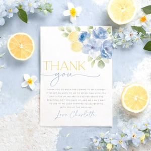 Blue Lemon Thank You Card Template, Printable Main Squeeze Bridal Shower Thank You Card Instant Download, Bridal Blue Citrus Floral Thanks