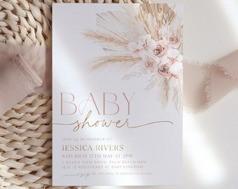 Boho Baby Shower Invitation, Boho Floral Baby Shower, Baby Girl Baby Shower Invite, Dried Flower Invitation, Muted Pink Boho Baby Invitation