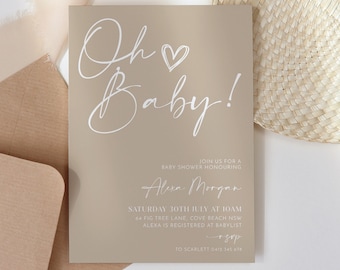 Oh Baby Shower Invitation, Minimalist Gender Neutral Baby Shower Invitation Template, Baby Brunch, Baby Sprinkle, Modern Baby Shower Invite