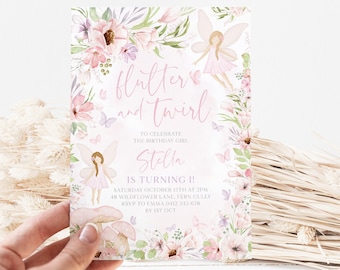 Fairy Birthday Invitation, Fairy 1st Birthday Invite, Girls First Birthday Fairy Invitation, 1st Birthday Girl, Flutter and Twirl Fairy Pink