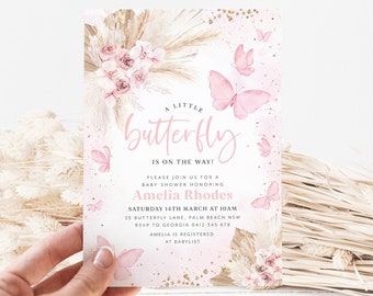 Boho Butterfly Baby Shower Invitation, Pink Butterfly Invitation Template, Boho Baby Shower Invite, Butterfly Baby Shower Invite Baby Girl