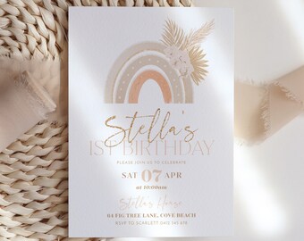 May include: A beige and peach rainbow with white polka dots and gold glitter text. The text reads "Stella's 1st Birthday". The invitation includes the date and time of the party, the location, and RSVP information.