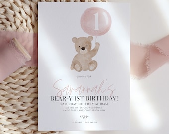 Bear Birthday Invitation, Bear-y First Birthday, Bear Balloons Invitation, 1st Birthday Girl, Teddy Bear Invitation, Printable Birthday Pink