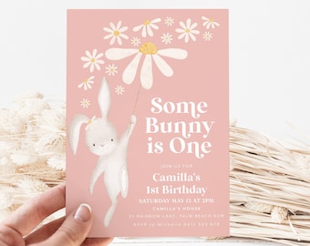 Some Bunny is One Invitation, Daisy Some Bunny is Turning One Invite, Bunny Birthday Party Invitation, 1st Birthday Girl, Bunny and Daisies
