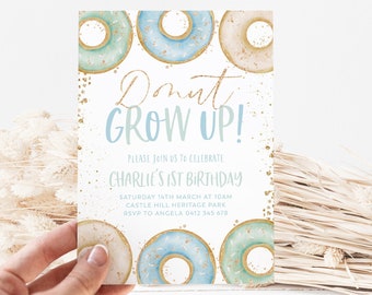 Donut Party Invitation, Donut First Birthday Invite, 1st Birthday Boy, Sweet One Birthday, Boys First Birthday, Donut Grow Up, Donut Blue