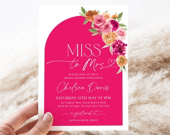 Bright Bridal Shower Invitation, Bright Pink Orange Floral Bridal Shower, Hot Pink and Orange Floral Bridal Invite Template, Miss to Mrs