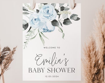 Babyparty-Willkommensschild, Blaues Blumen-Willkommensschild, Blumen-Babyparty-Willkommensschild, Boho-Babypartyschilder, bearbeitbare druckbare Schilder Baby